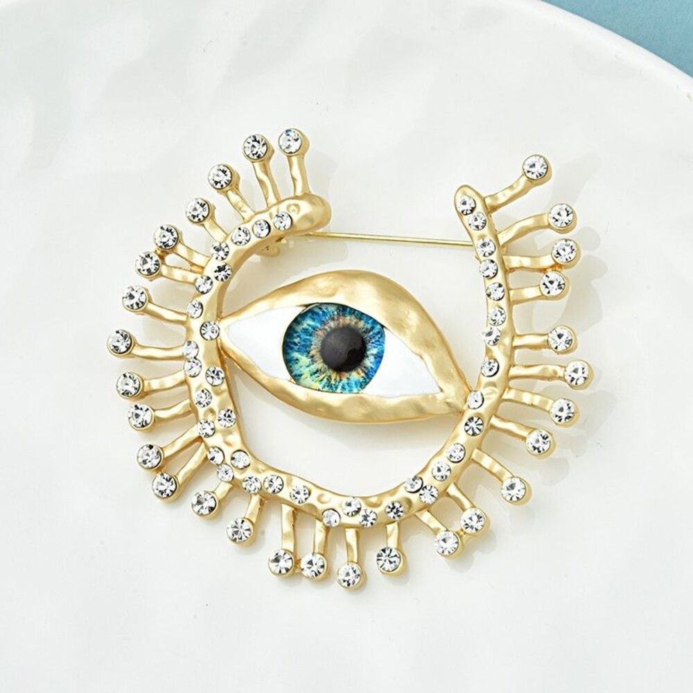 Gold Tone Evil Eye Brooch Pin Sunburst Rhinestone Amulet Protection Jewelry - Picture 3 of 3